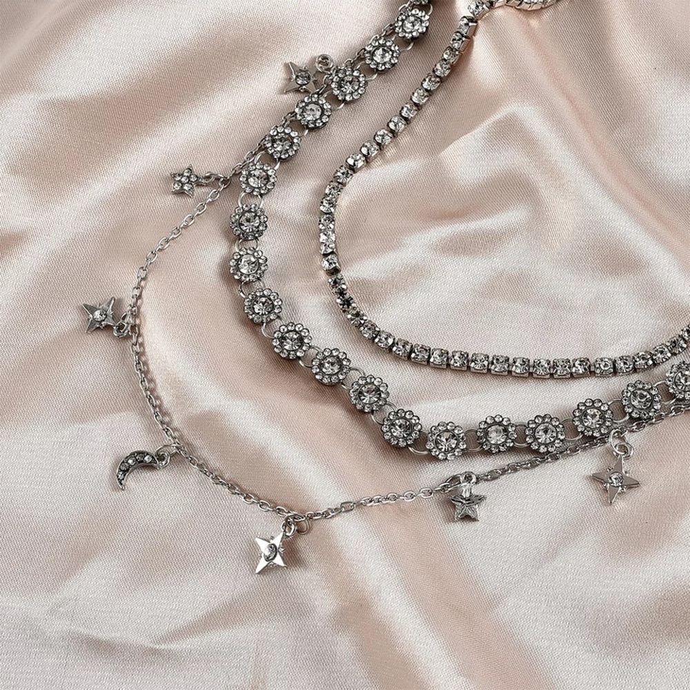 BOHO CHIC Silver RHINESTONE Choker Layered Necklace SET - WEAR 3 DIFFERENT WAYS!